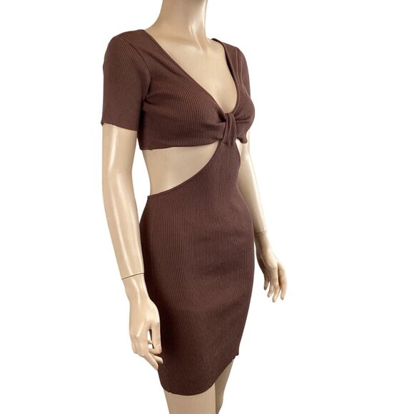 Olivaceous Sexy‎ Cut-Out Ribbed Knit Bodycon Dress Medium Mini Brown - Picture 5 of 8